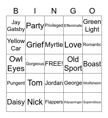 The Great Gatsby 2 Bingo Card