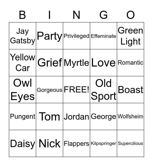 The Great Gatsby 2 Bingo Card