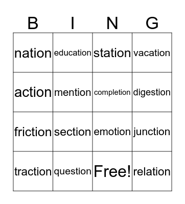 tion bingo Card