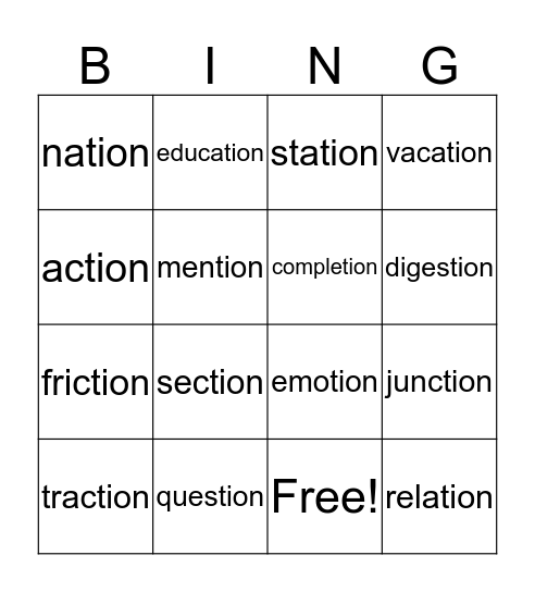 tion bingo Card