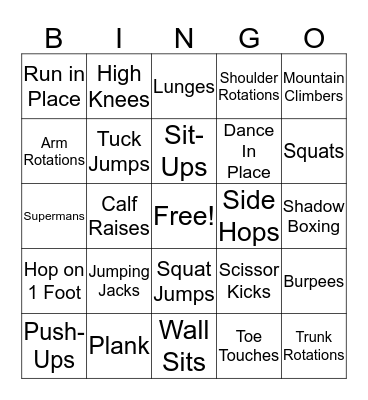 Fitness Bingo Card