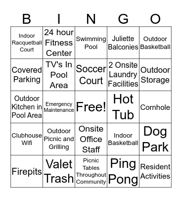 Southwillow Amenity Bingo Card