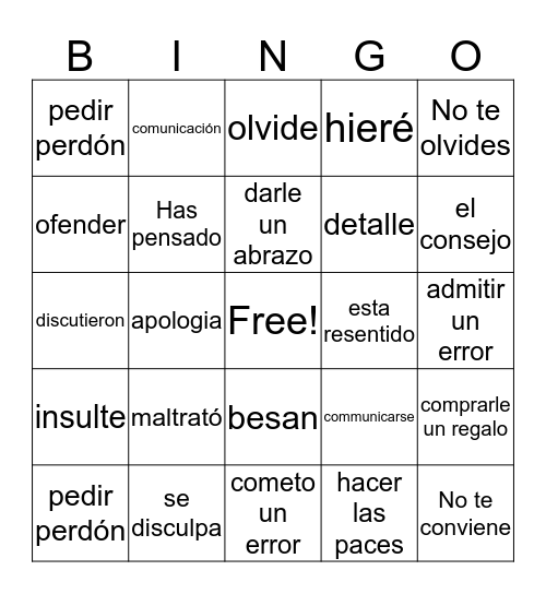 Vocabulario II Capitulo III Bingo Card