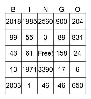 Number Bingo Card