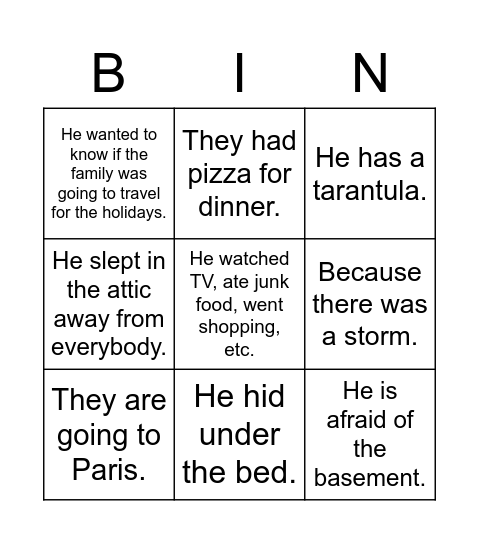 Match the answers and the questions_Home Alone Bingo Card