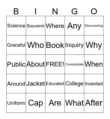 First Grade Bingo  Bingo Card
