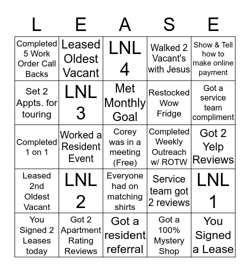 Retreat Leasing ROCKSTARS Bingo Card