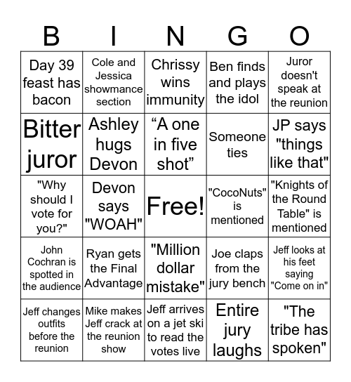 Survivor Triple H Finale Bingo Card