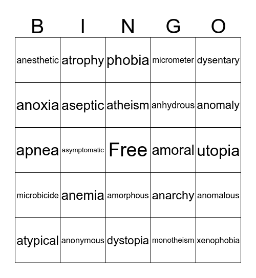 A(n): not;without Bingo Card