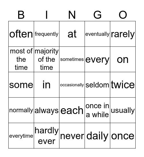 TIME WORDS Bingo Card