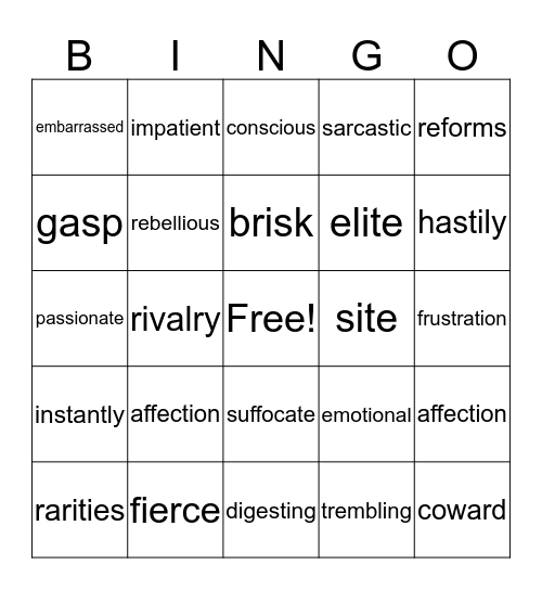 Vocabulary quiz Bingo Card