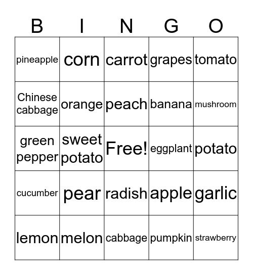 Fruits and Vegetables Bingo Card