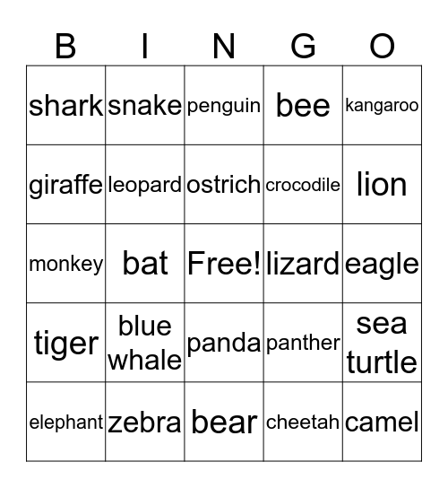 ANIMALS Bingo Card