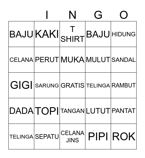 PAKAIAN DAN BADAN Bingo Card