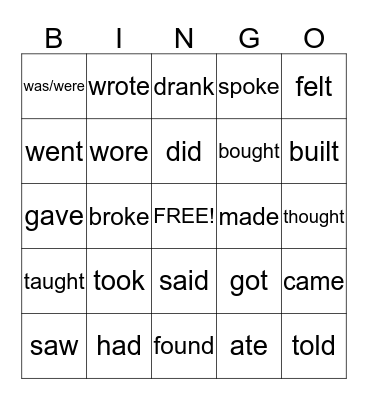 Past tense irregular verbs Bingo Card