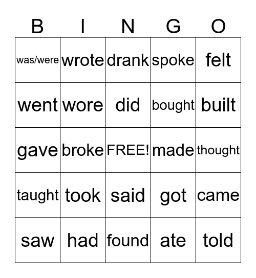 Past tense irregular verbs Bingo Card