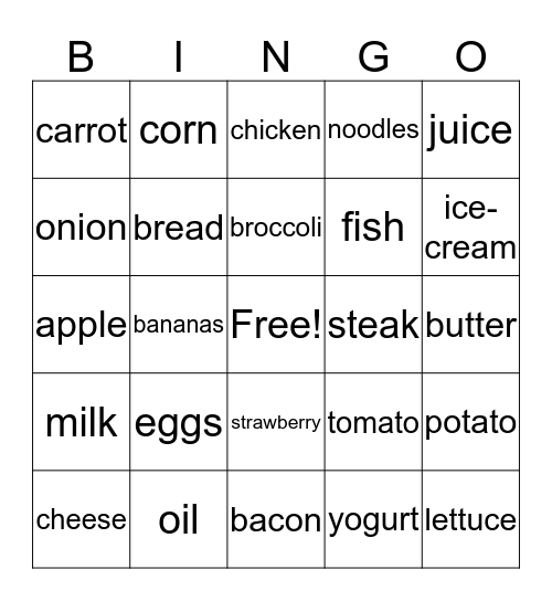 food bingo Card