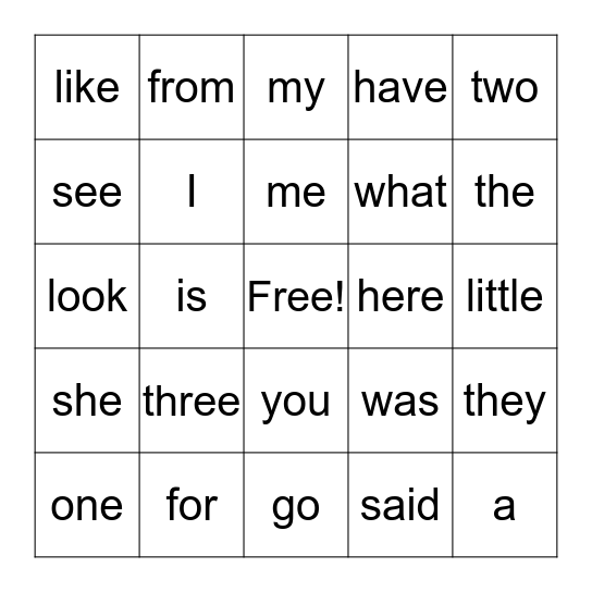 Sight Word Bingo Card