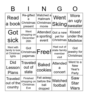 Winter Break Bingo Card