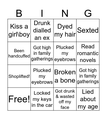 Never Have I Ever... Bingo Card