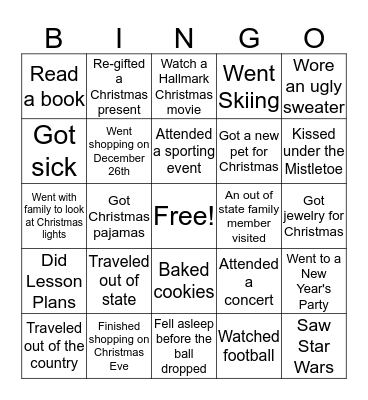 Winter Break Bingo Card