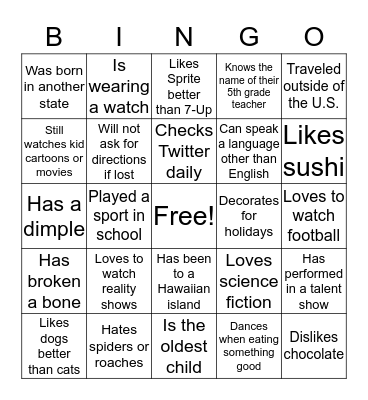 GETTING TO KNOW YOU Bingo Card