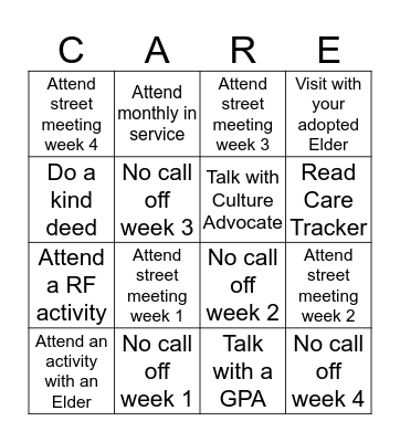 Rolling Fields CARE Bingo Card