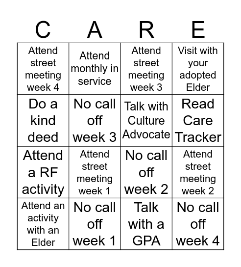 Rolling Fields CARE Bingo Card