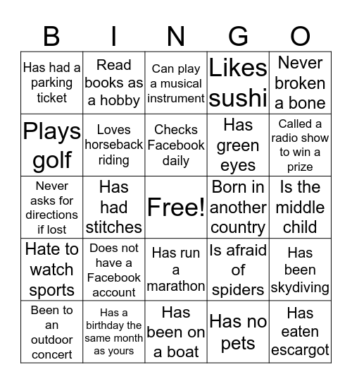 GETTING TO KNOW YOU Bingo Card