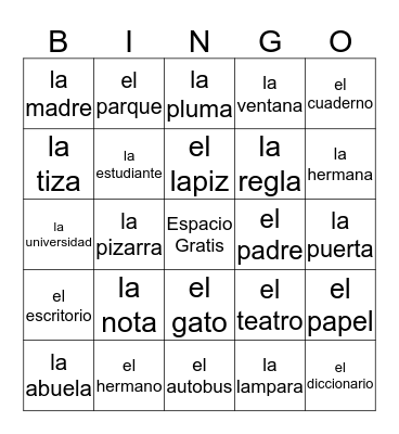 Vocabulario Bingo Card