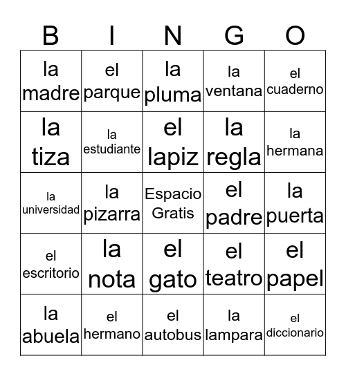 Vocabulario Bingo Card