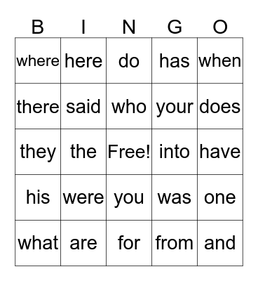1st Grade Sight Words Bingo Card