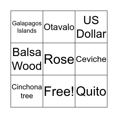 Ecuador Bingo Card