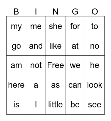 Sight Words Bingo Card
