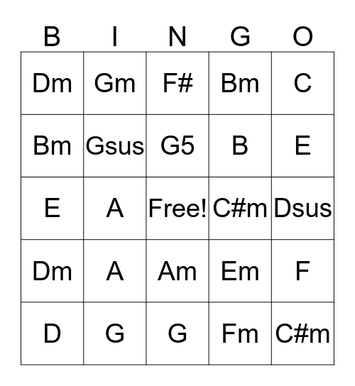 Guitar Bingo Card