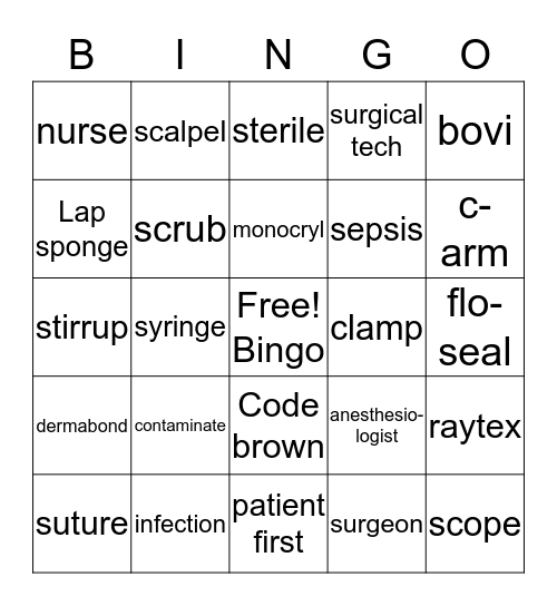 Operating Room Bingo Card