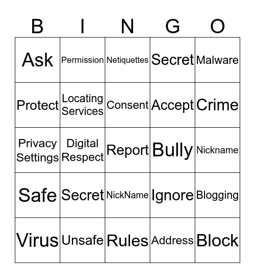 Internet Safety Bingo Card