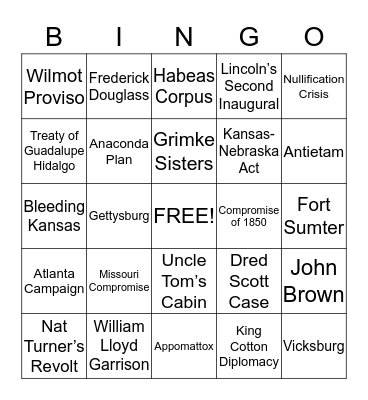 American Civil War Bingo Card