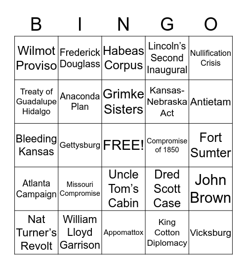 American Civil War Bingo Card