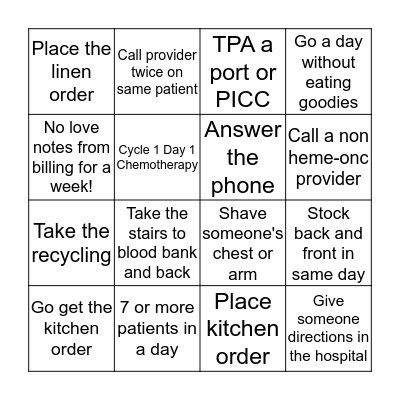 Infusion Center Bingo Card