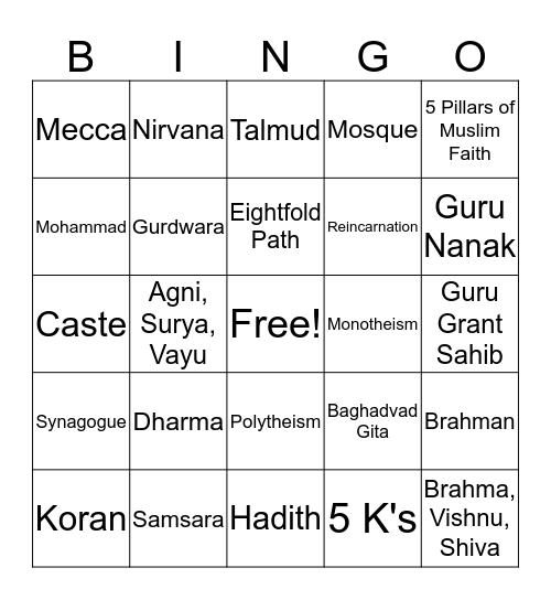 World Religions Bingo Card