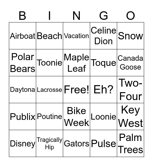 Florida/Canada Bingo Card