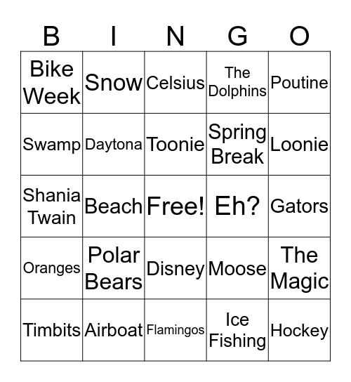 Florida/Canada Bingo Card
