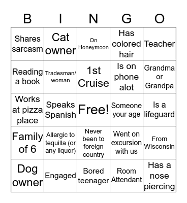 Cruisin Friends Bingo Card