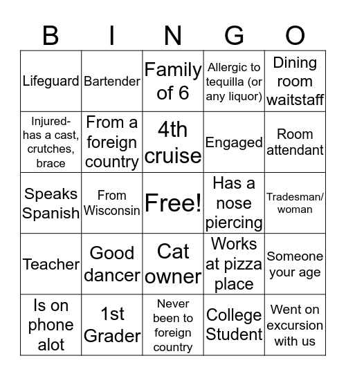 Cruisin Friends Bingo Card