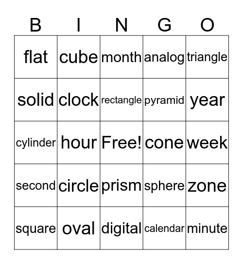 Shapes and Time Bingo Card