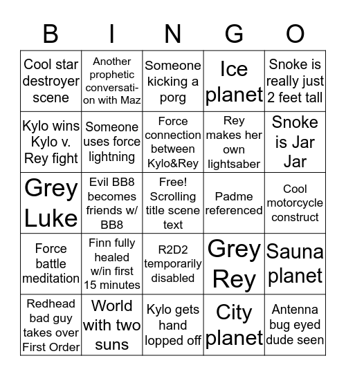 STAR WARS VIII BINGO BY JENNIFER Bingo Card