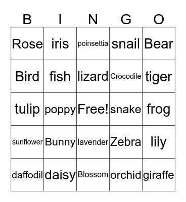 Animal and Plant Bingo Card