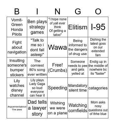 Davis Family Roadtrip Bingo Card