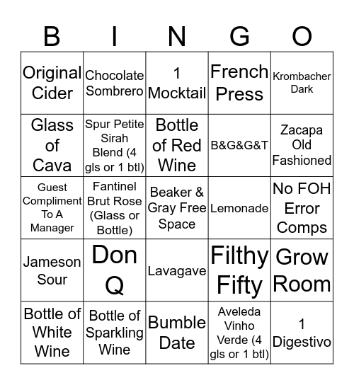 Beaker & Gray Beverage Bingo Card